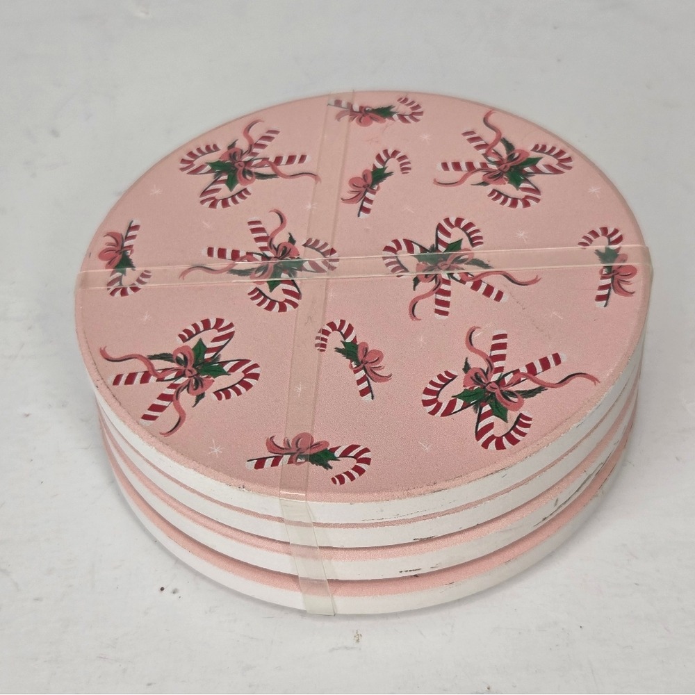 Pink Peppermint Candy Cane Ribbon Ceramic Christmas Coasters Set